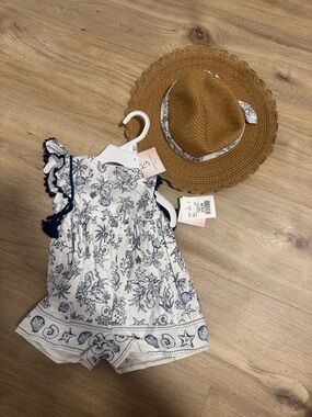 Girls White & Navy Seashell Print Romper with Brown Straw Hat NWT